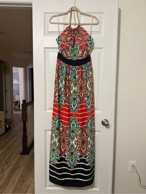 Eliza J Red Floral Halter Maxi Dress with Black Waistband